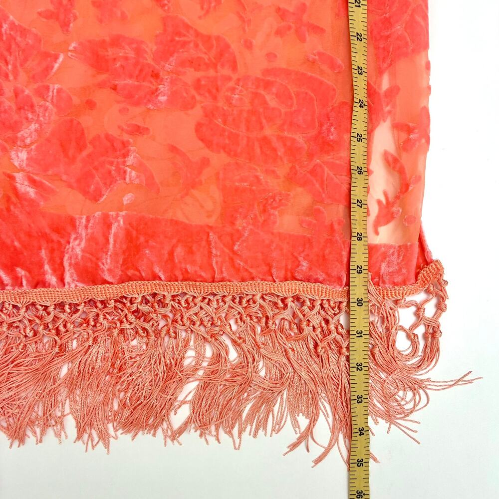 Coral-Orange Burned Out Velvet Kimono with Fringe - OS to 2X - Boho - Picture 5 of 6